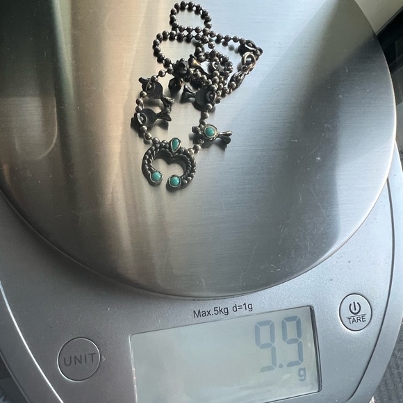 Vintage silver tone Squash blossom style necklace with turquoise color beads - Picture 11 of 13